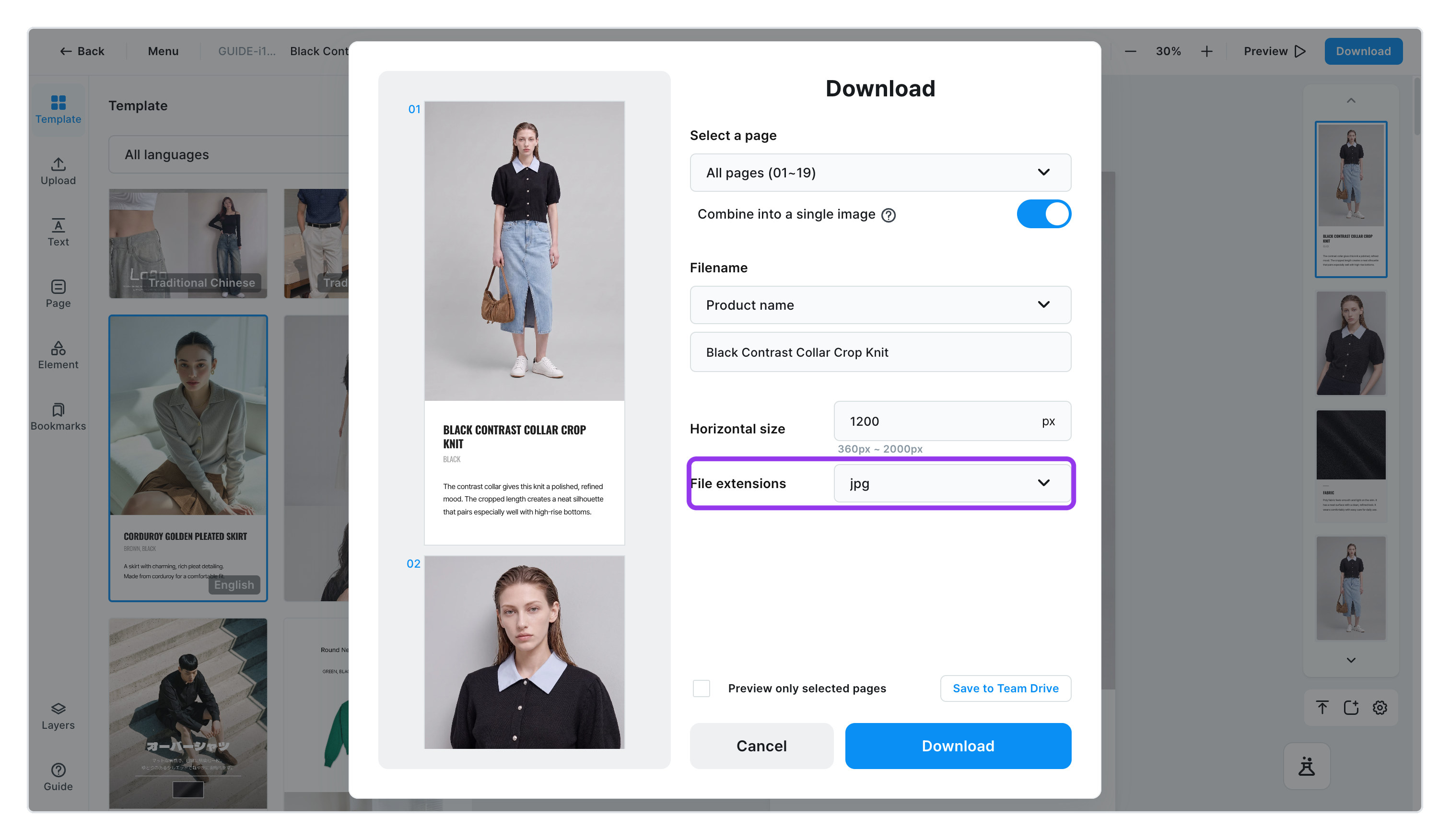File format in the download dialog — jpg · png · html