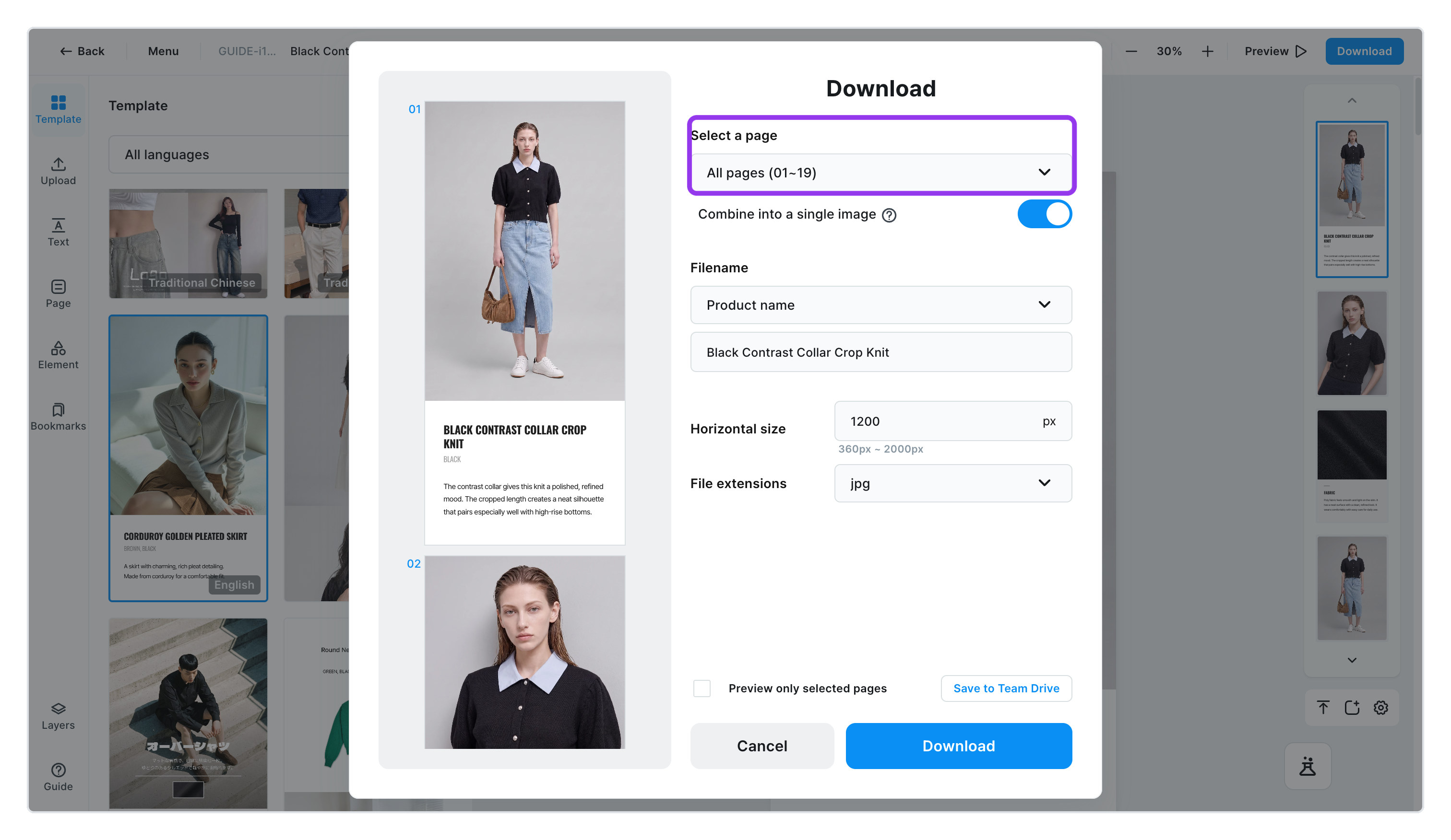 Page selection in the download dialog