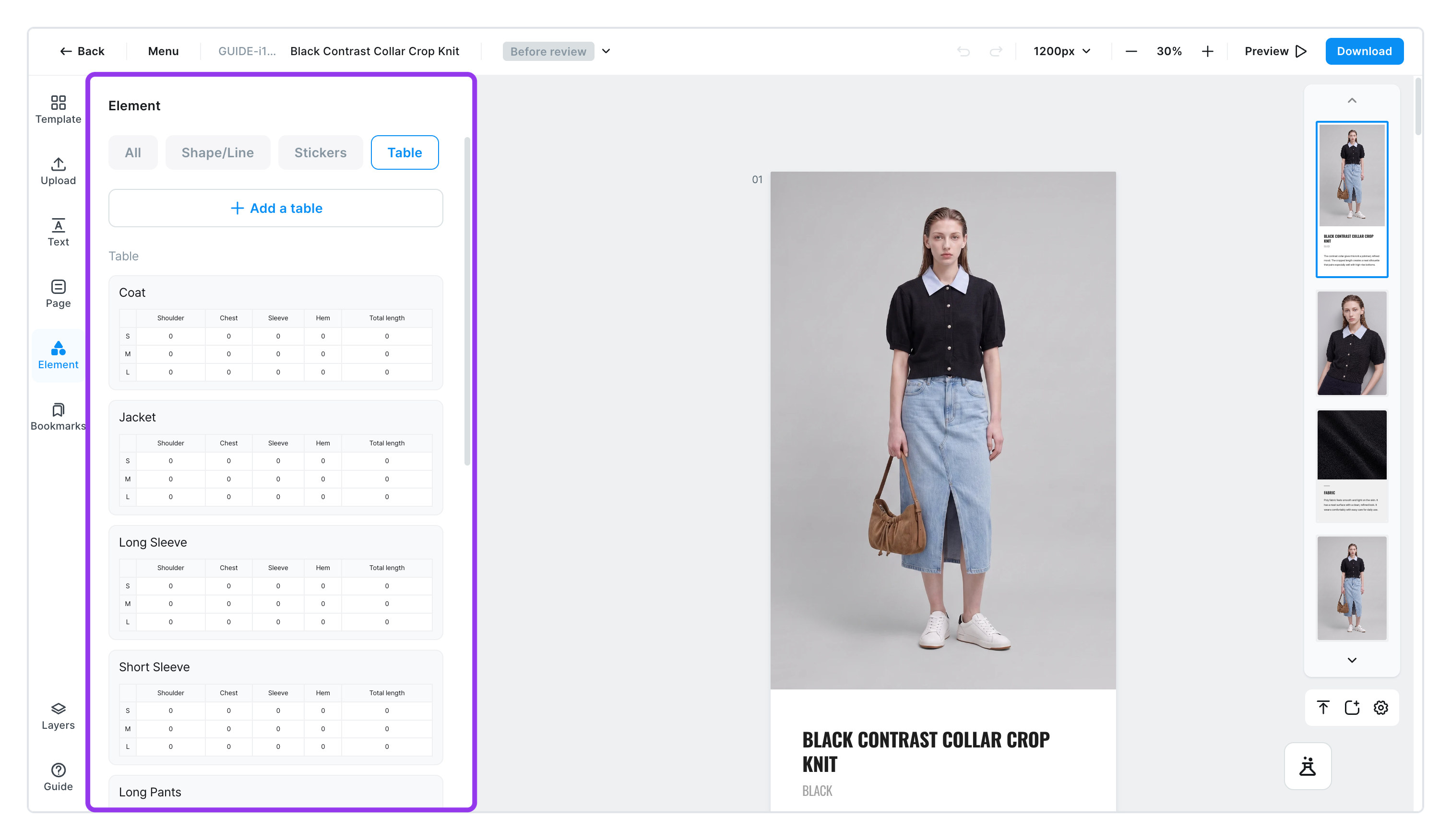Tables in the Element panel — ready-made charts for coats, jackets, and more