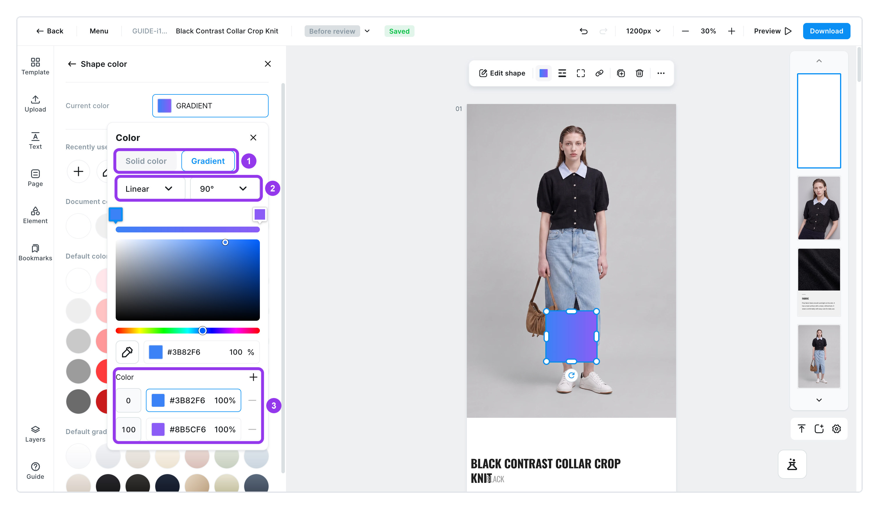 The gradient window — the Solid/Gradient switch, Linear/Radial with an angle, and the color stop list