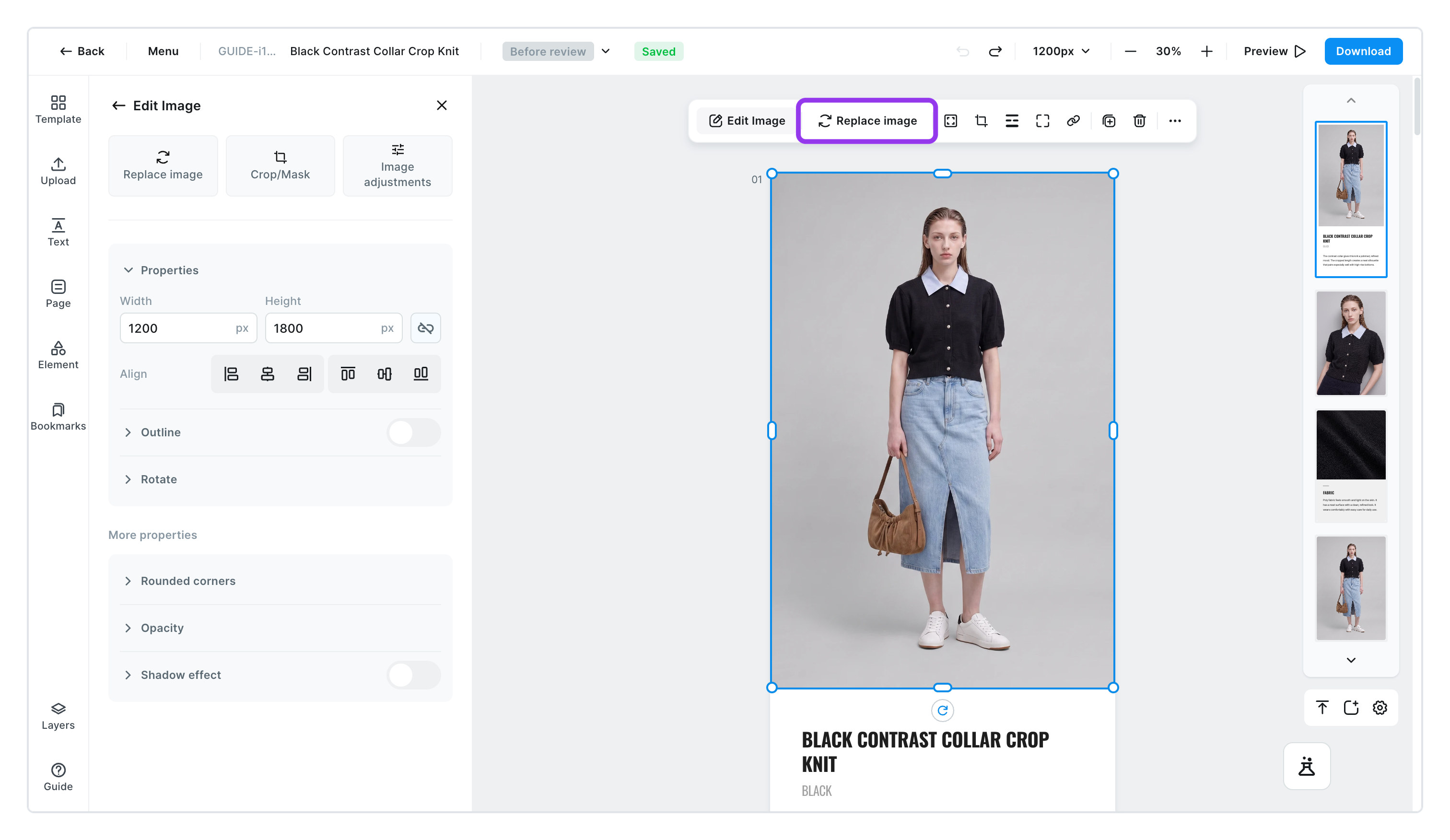 [Replace image] in the menu that pops up above a photo you click