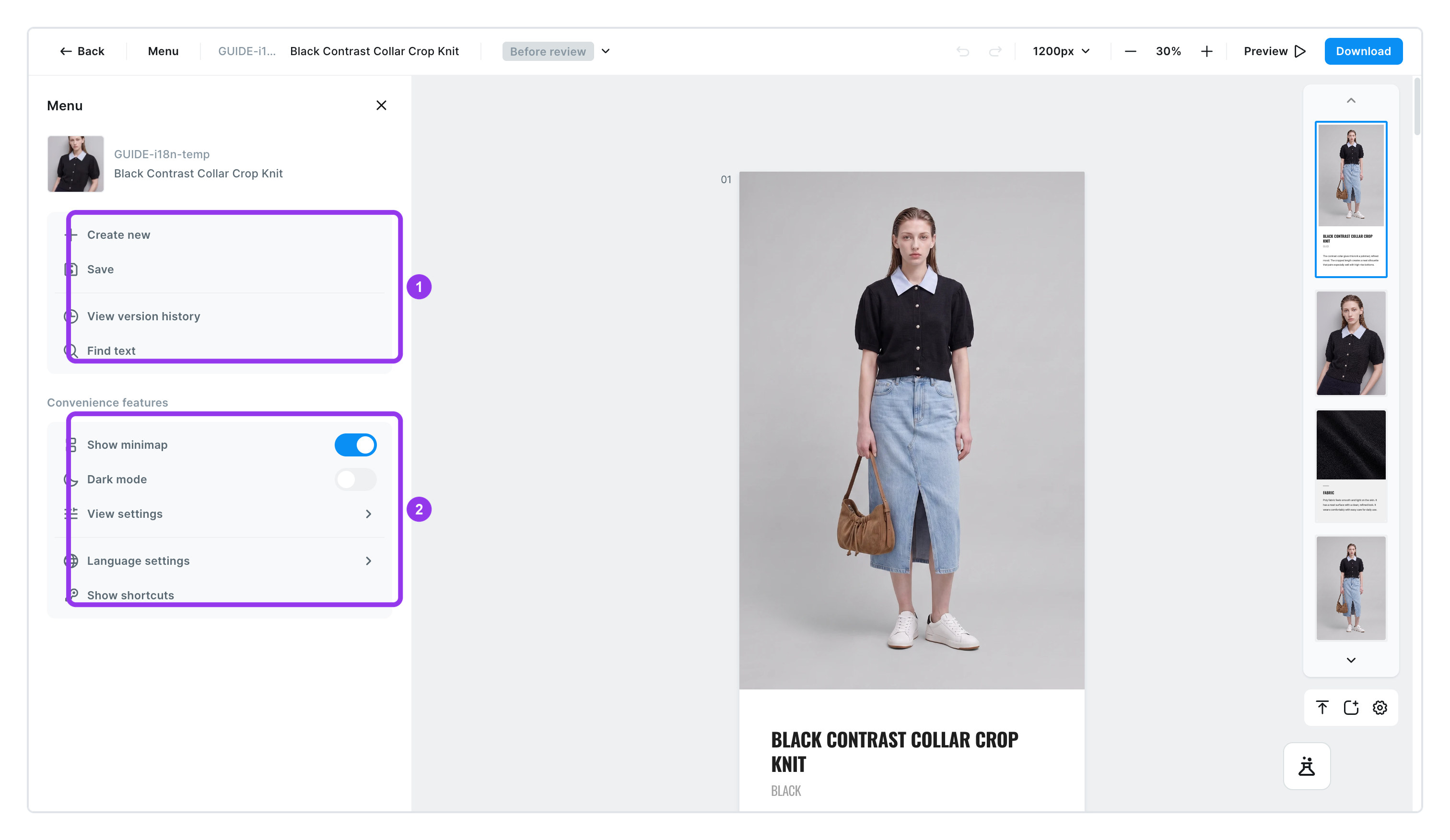 What is inside [Menu] — new, save, version history, find text, convenience features, language, shortcuts