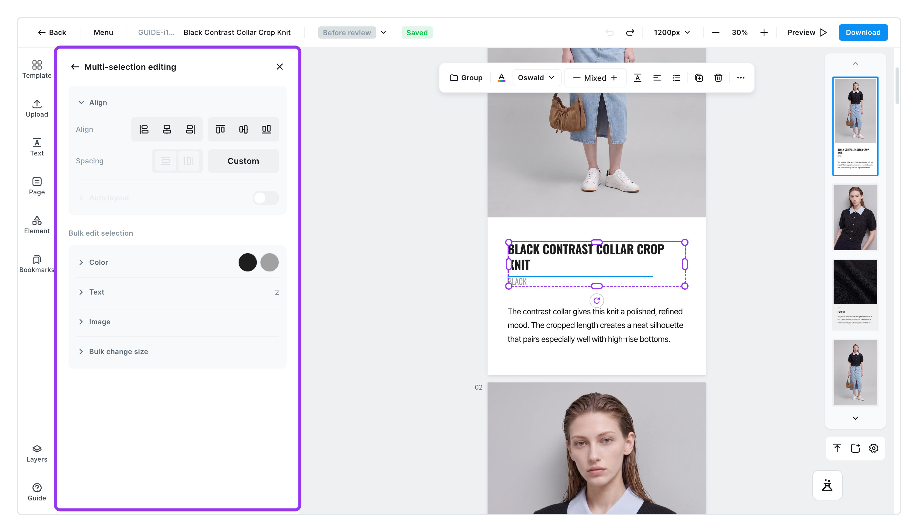 Selecting several elements brings up bulk edit in the left panel