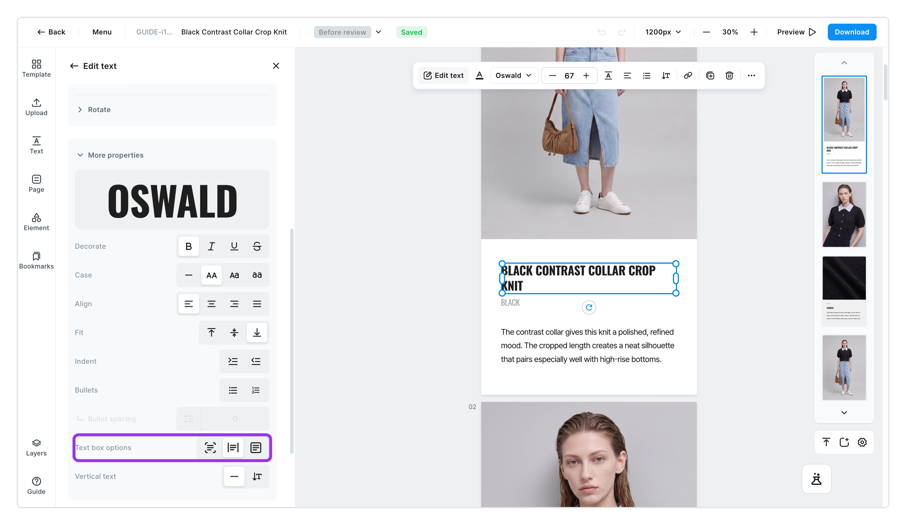 Text box options in the left panel