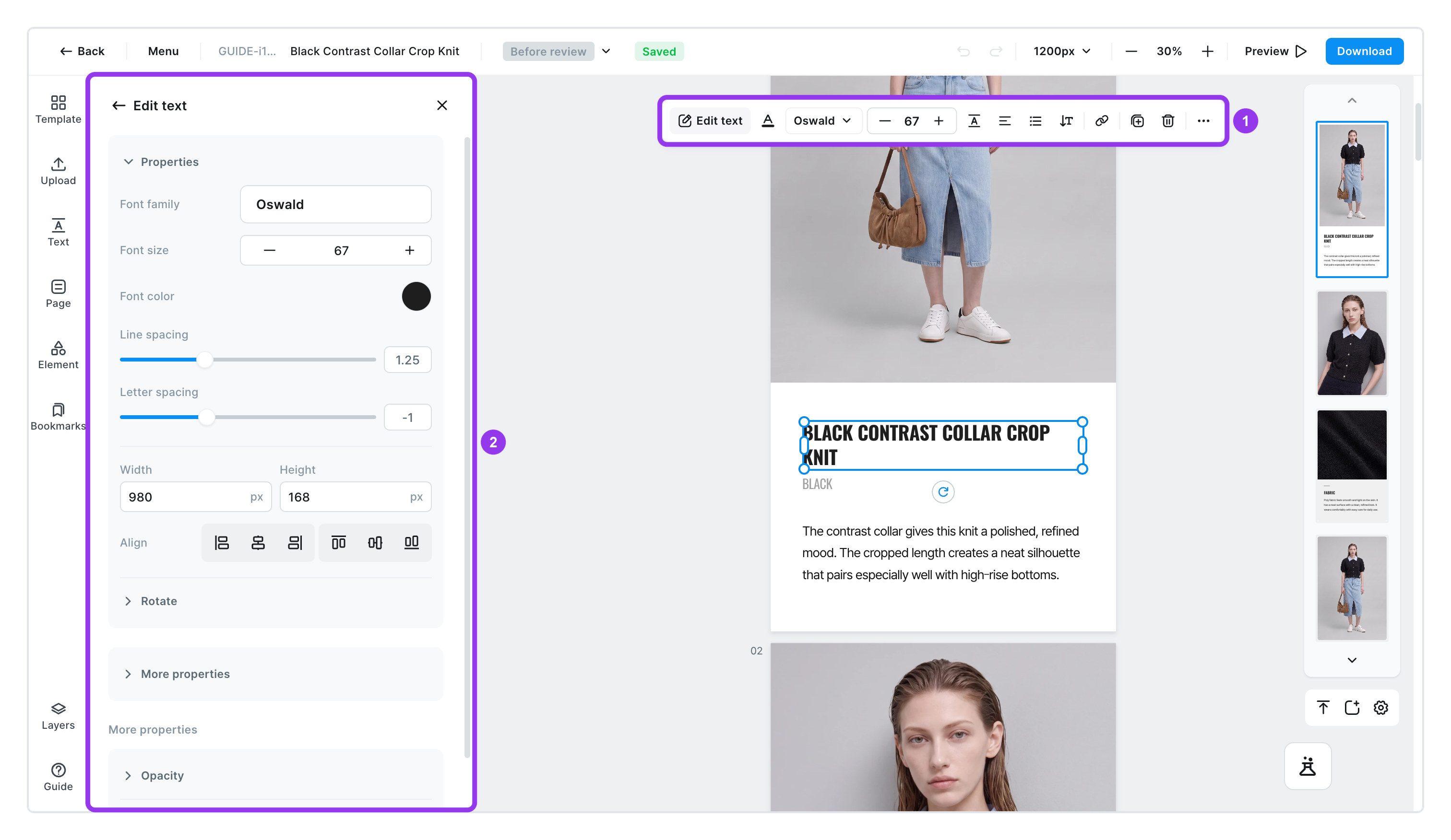 Click text and a small menu appears above it while the detailed panel opens on the left