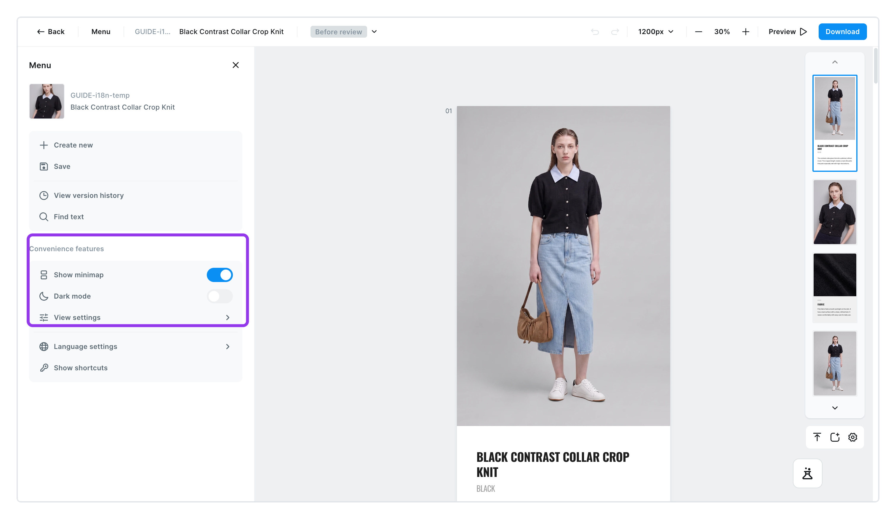 Convenience features in the menu