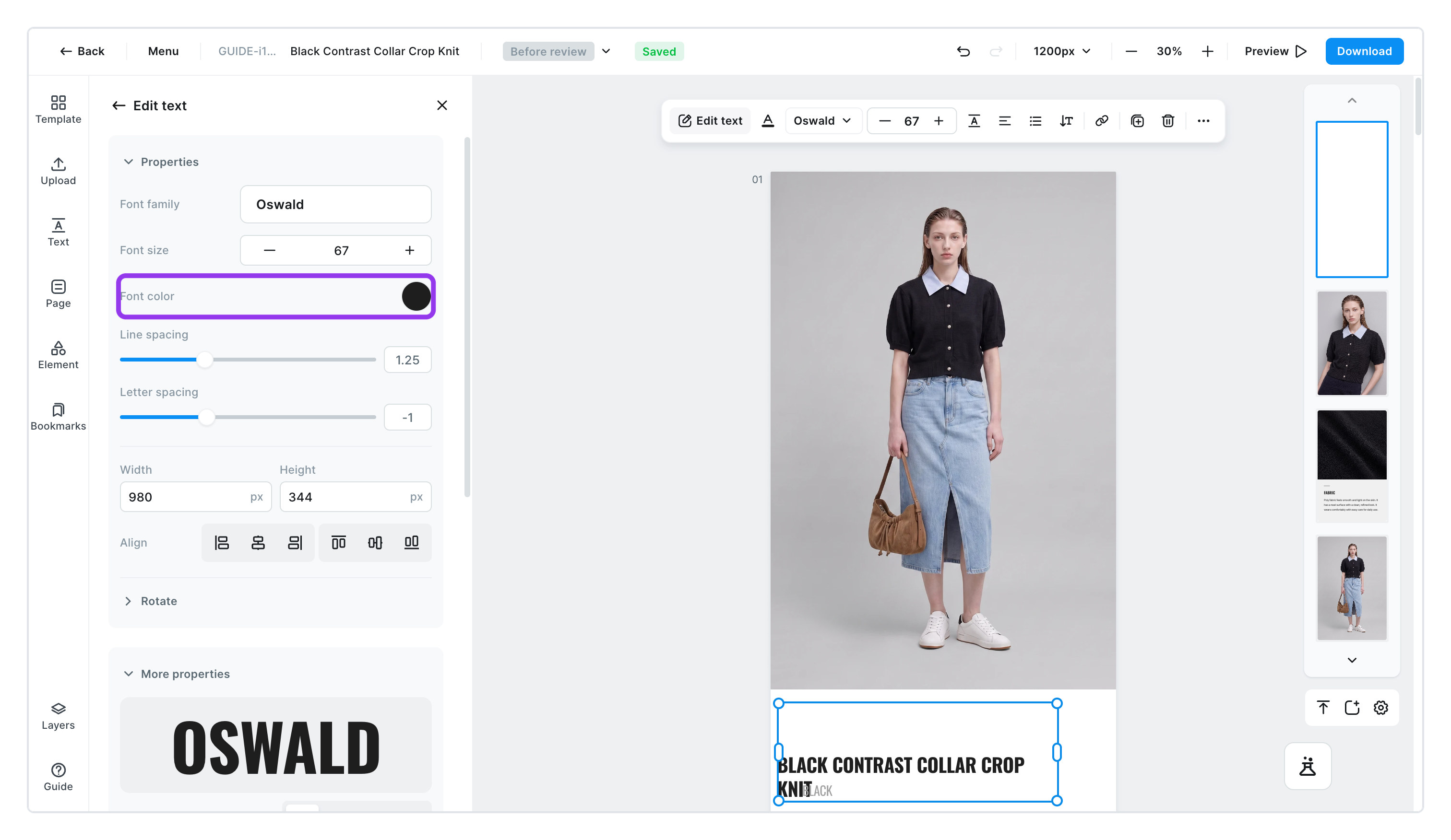 Select a text box and the left panel shows a Text color row