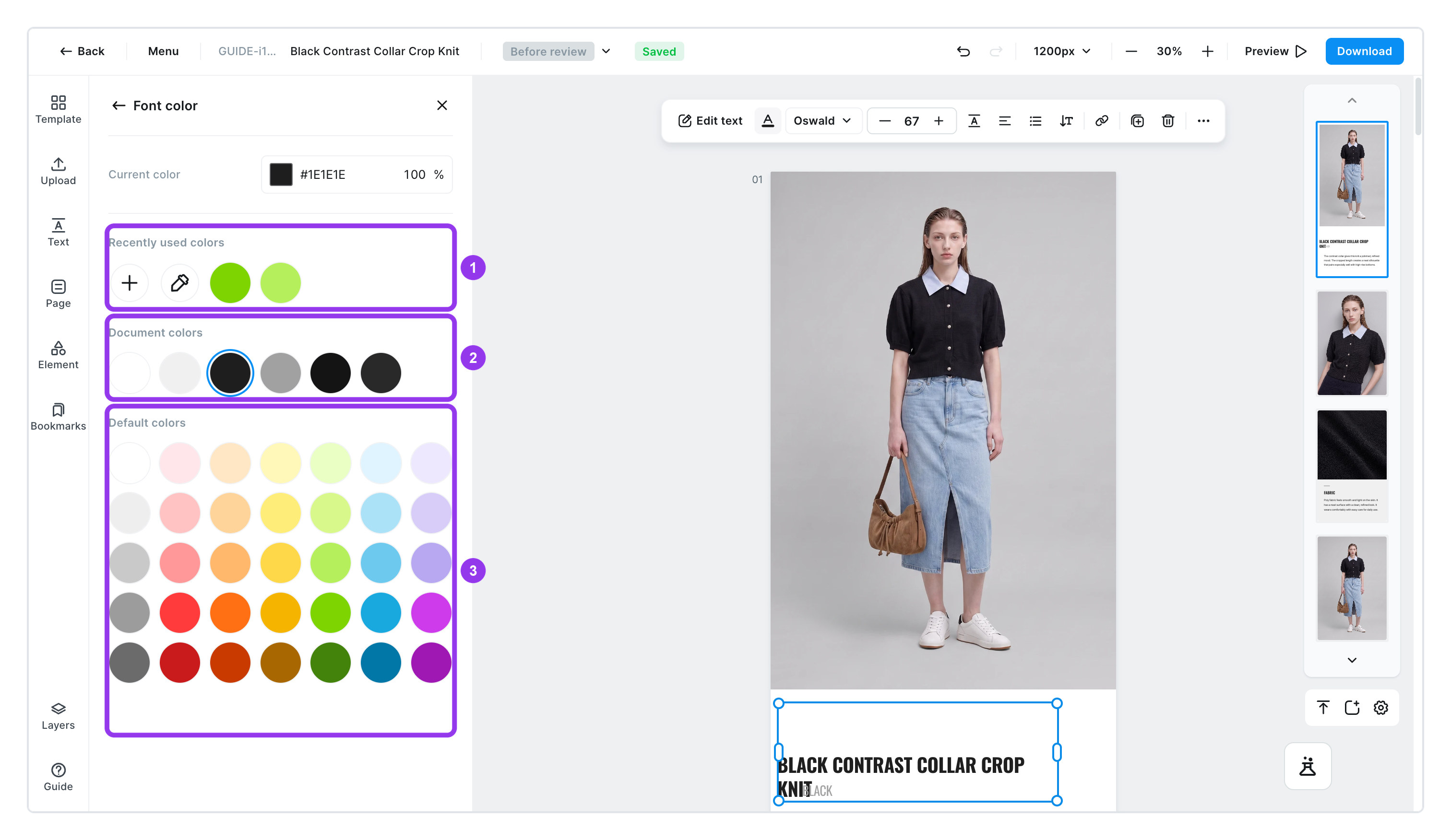The three lists in the color panel — recent colors, colors used on the page, and the default palette
