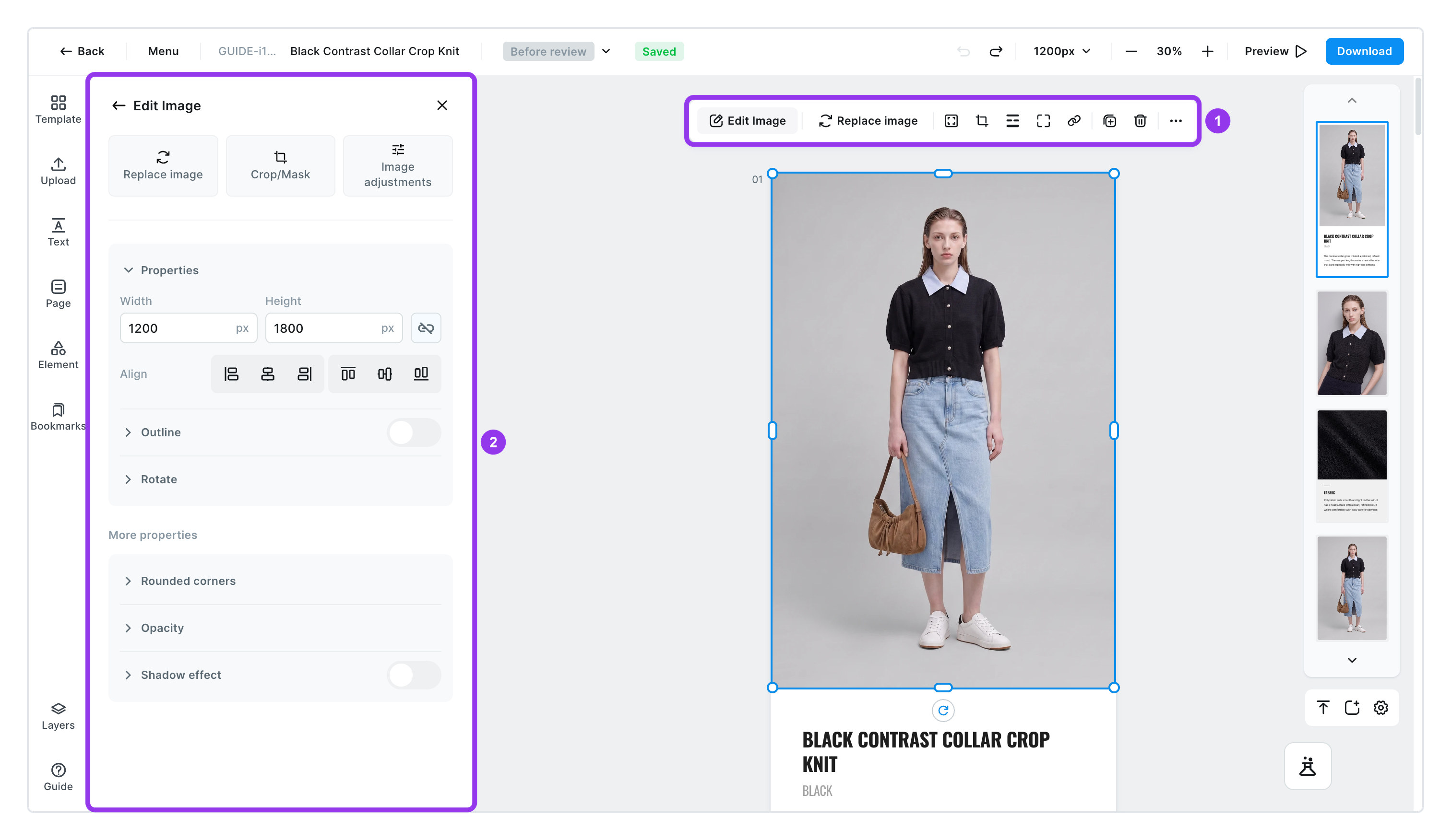 Click a photo and a small menu appears above it while the editing panel opens on the left