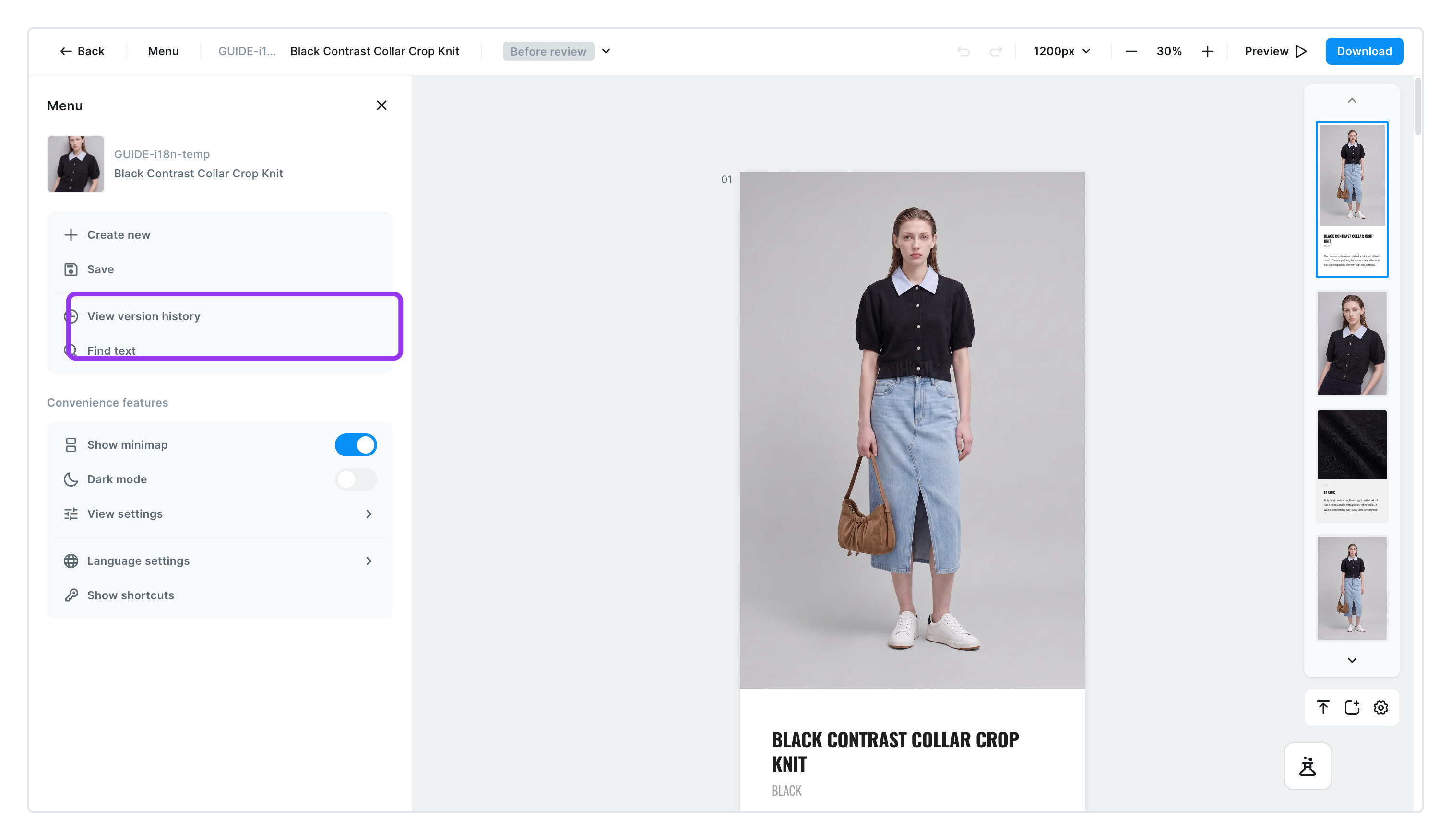 Click [Menu] and Save, version history, and Find text open on the left