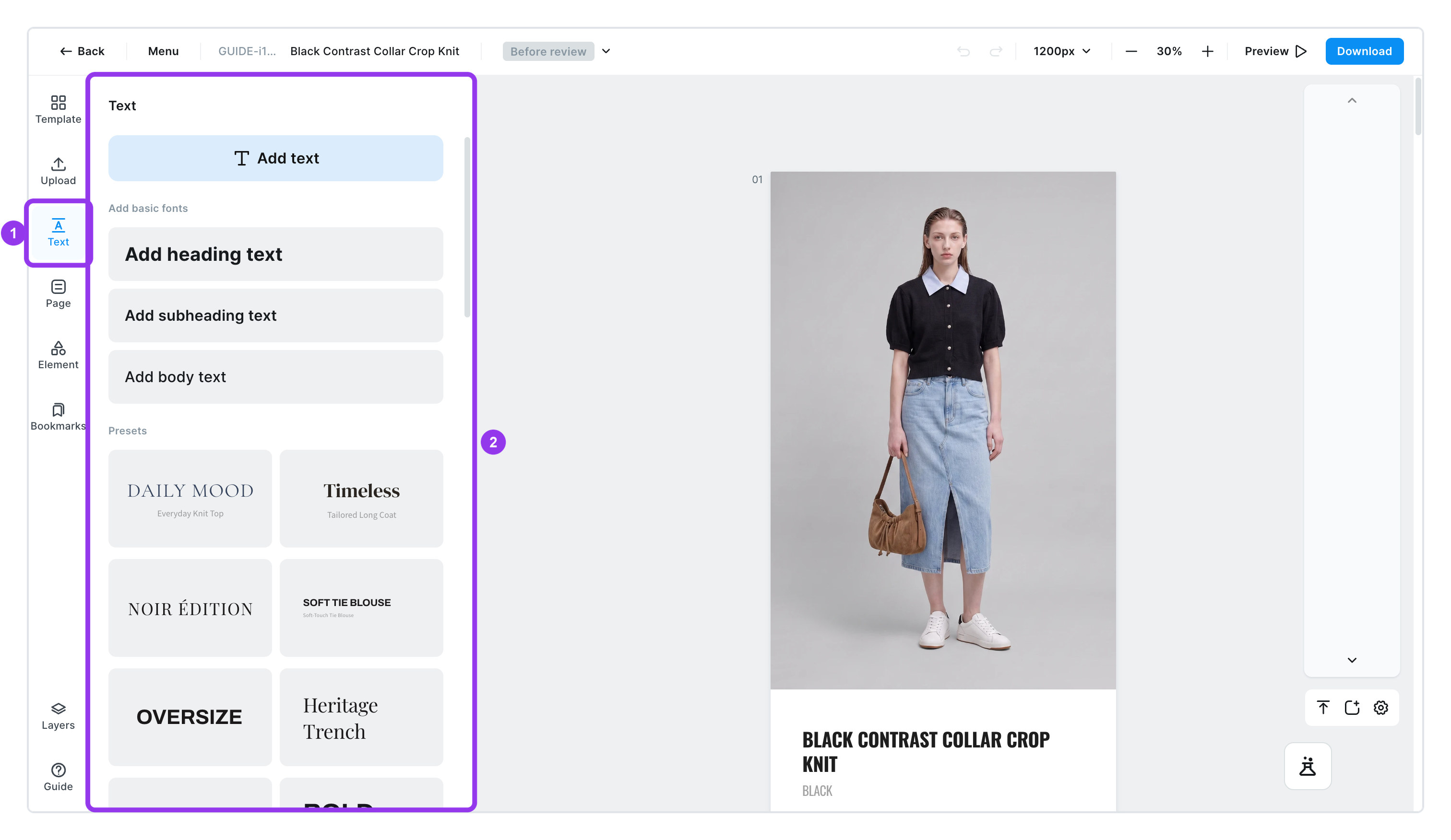 Click [Text] in the left menu to open the panel for adding text