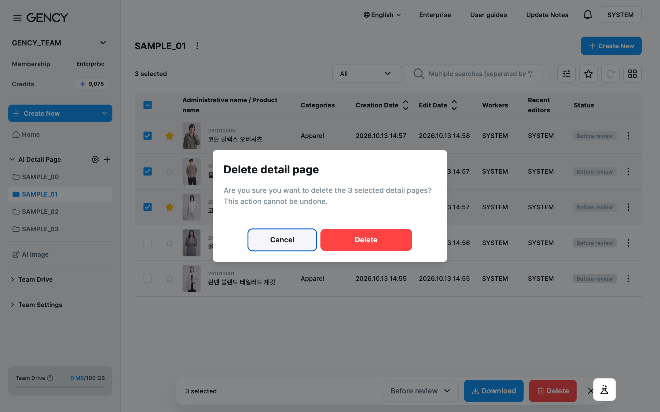 Delete detail page confirmation window
