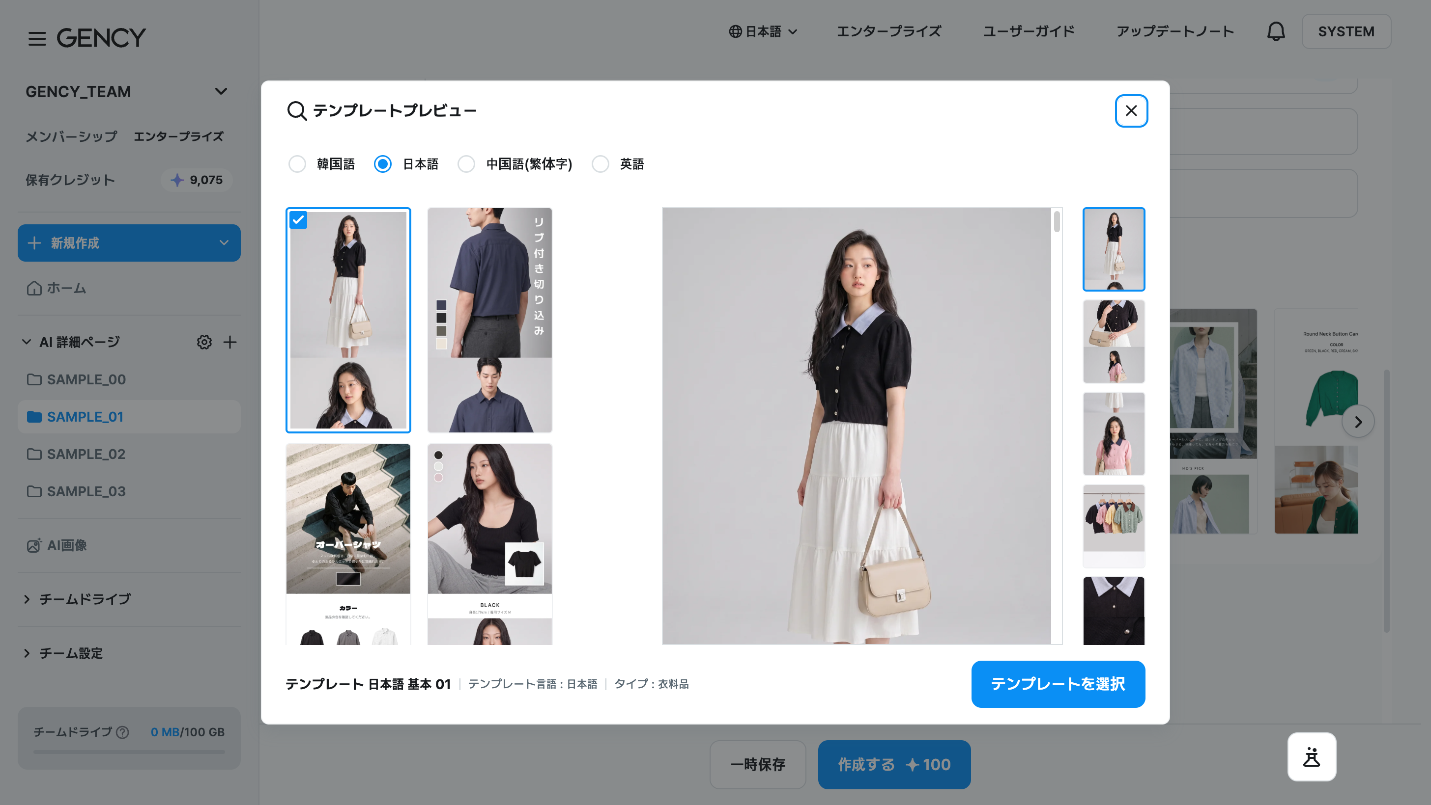 テンプレートプレビューのウィンドウ