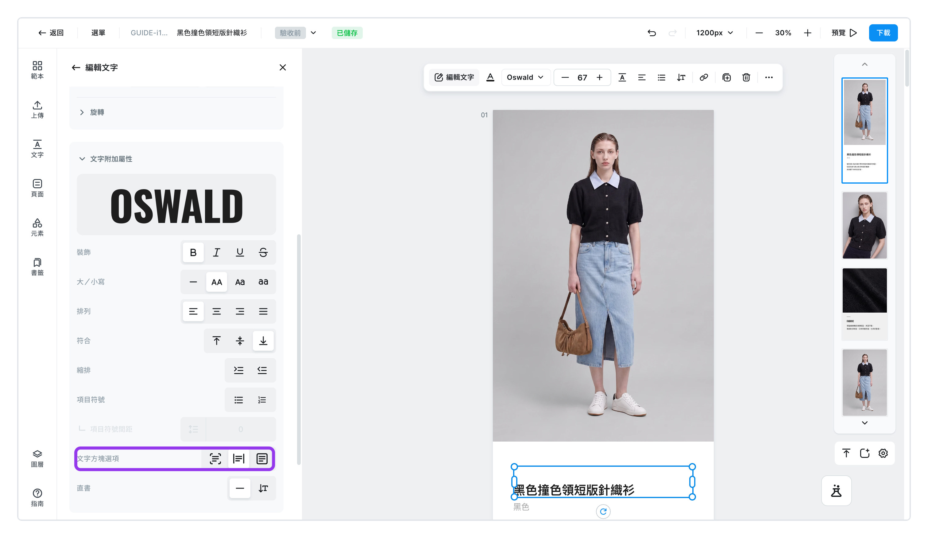 左側面板的文字方塊選項
